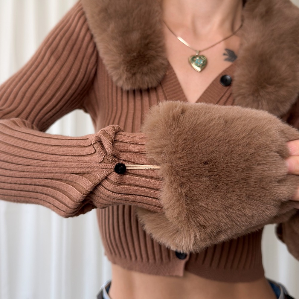 Brown Faux Fur Trim Cardigan Cropped Button Up Fur Collar Cuffs Knit Women's S - Picture 6 of 8